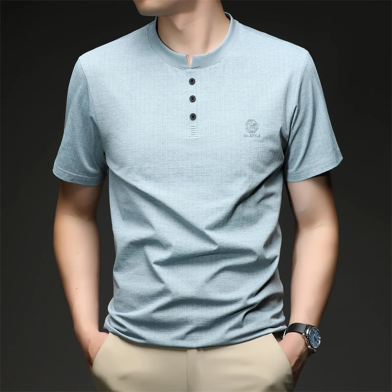Mens Embroidered Logo Henley T Shirt Short Sleeve Slim Fit Casual Style Suitable For Daily Wear And Weekend Getaways