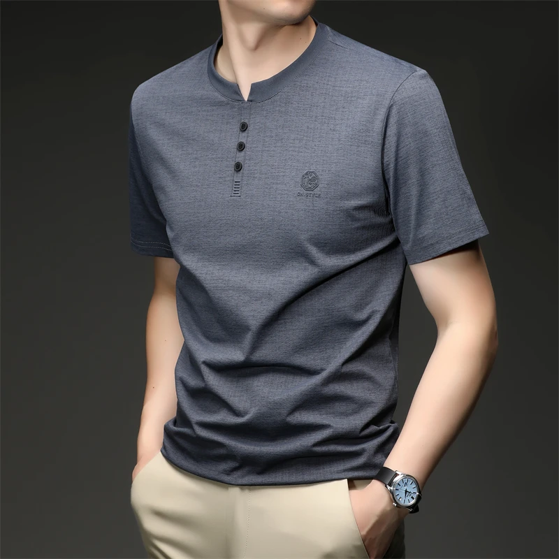 Mens Embroidered Logo Henley T Shirt Short Sleeve Slim Fit Casual Style Suitable For Daily Wear And Weekend Getaways