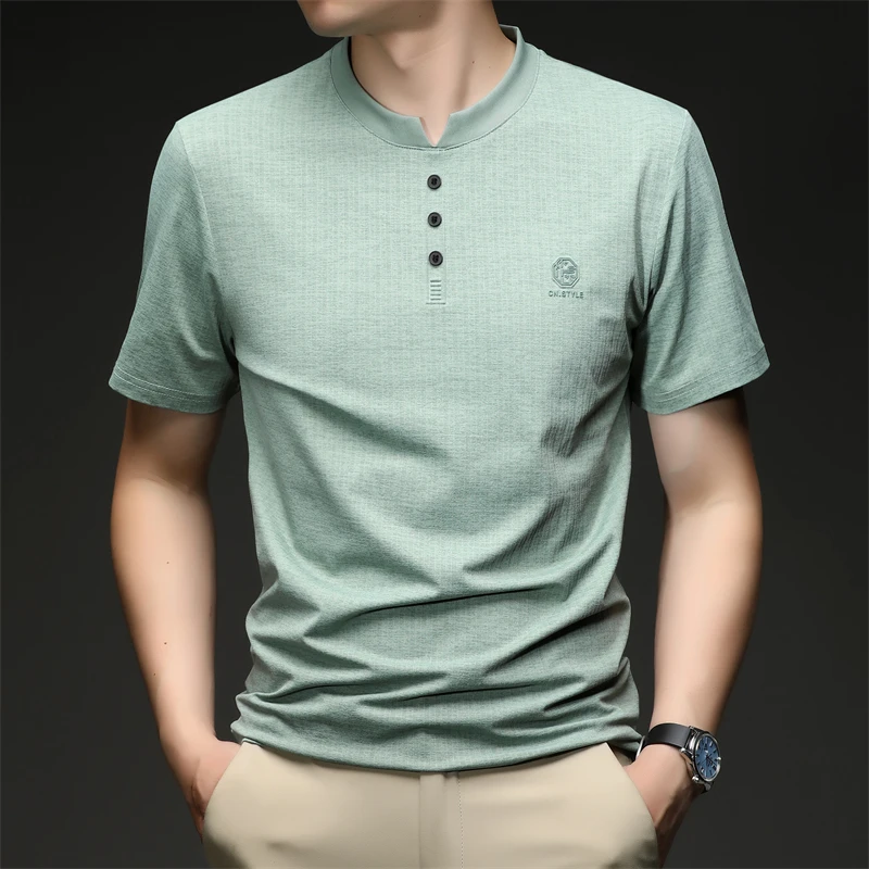 Mens Embroidered Logo Henley T Shirt Short Sleeve Slim Fit Casual Style Suitable For Daily Wear And Weekend Getaways