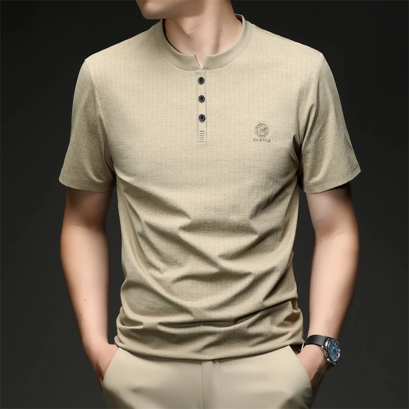 Mens Embroidered Logo Henley T Shirt Short Sleeve Slim Fit Casual Style Suitable For Daily Wear And Weekend Getaways