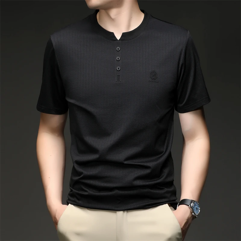 Mens Embroidered Logo Henley T Shirt Short Sleeve Slim Fit Casual Style Suitable For Daily Wear And Weekend Getaways