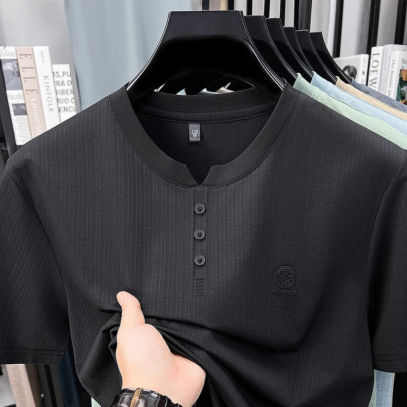 Mens Embroidered Logo Henley T Shirt Short Sleeve Slim Fit Casual Style Suitable For Daily Wear And Weekend Getaways