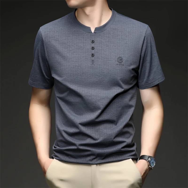 Mens Embroidered Logo Henley T Shirt Short Sleeve Slim Fit Casual Style Suitable For Daily Wear And Weekend Getaways