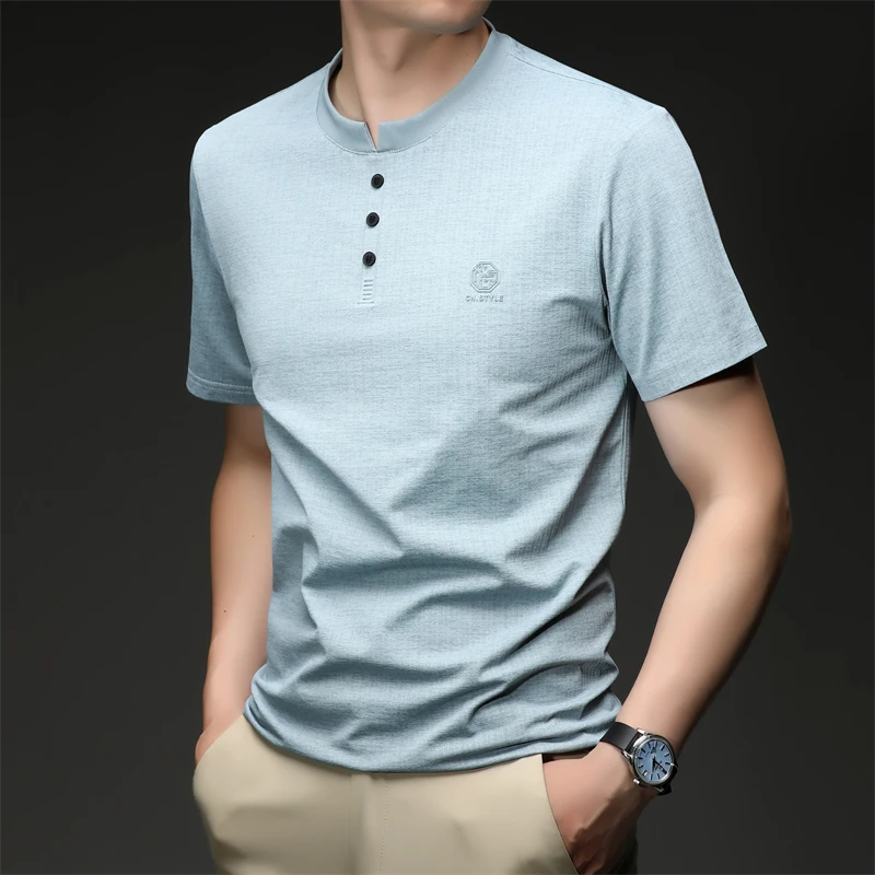 Mens Embroidered Logo Henley T Shirt Short Sleeve Slim Fit Casual Style Suitable For Daily Wear And Weekend Getaways