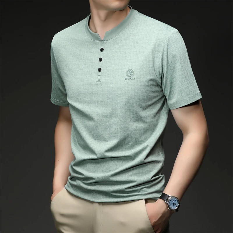 Mens Embroidered Logo Henley T Shirt Short Sleeve Slim Fit Casual Style Suitable For Daily Wear And Weekend Getaways