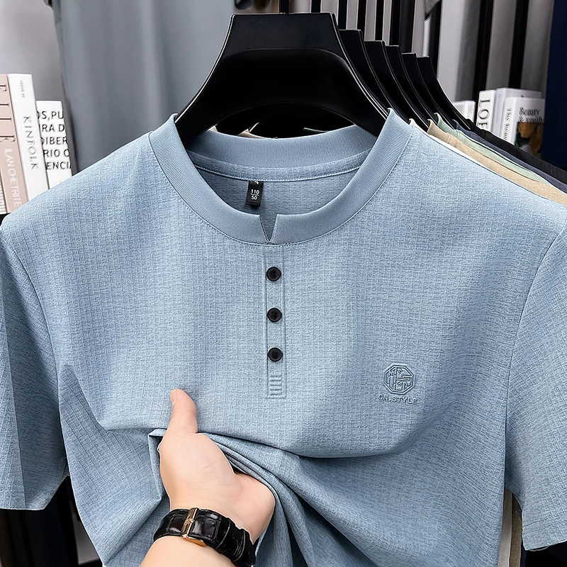 Mens Embroidered Logo Henley T Shirt Short Sleeve Slim Fit Casual Style Suitable For Daily Wear And Weekend Getaways