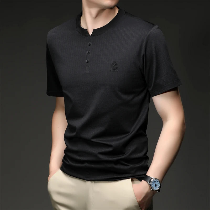 Mens Embroidered Logo Henley T Shirt Short Sleeve Slim Fit Casual Style Suitable For Daily Wear And Weekend Getaways