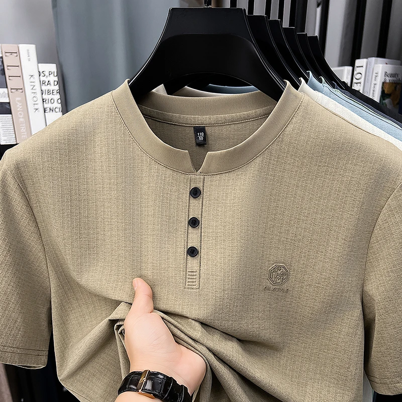 Mens Embroidered Logo Henley T Shirt Short Sleeve Slim Fit Casual Style Suitable For Daily Wear And Weekend Getaways