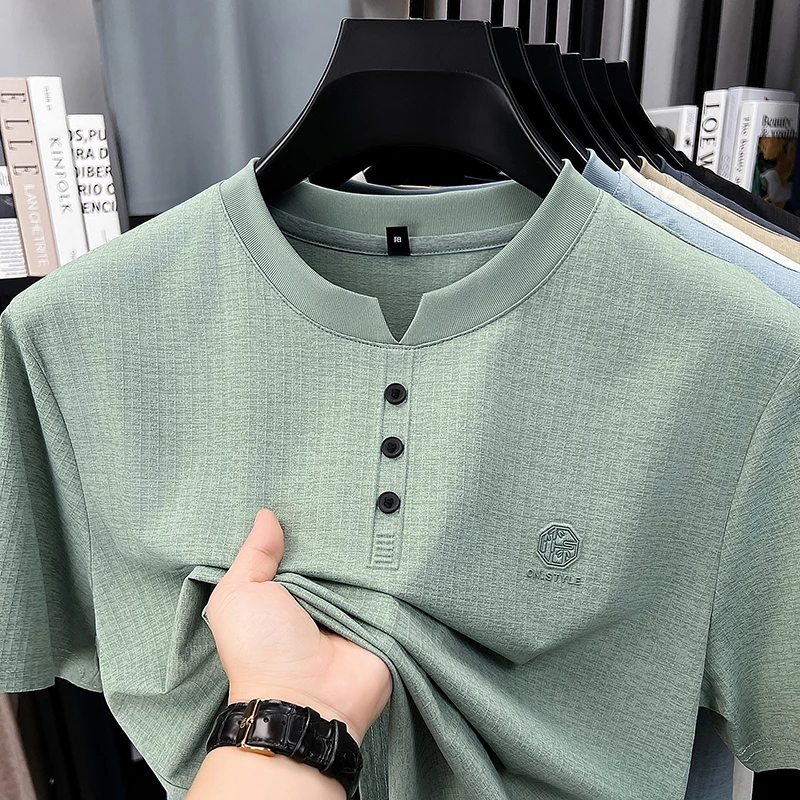 Mens Embroidered Logo Henley T Shirt Short Sleeve Slim Fit Casual Style Suitable For Daily Wear And Weekend Getaways
