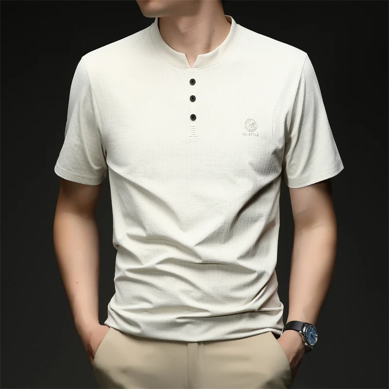 Mens Embroidered Logo Henley T Shirt Short Sleeve Slim Fit Casual Style Suitable For Daily Wear And Weekend Getaways