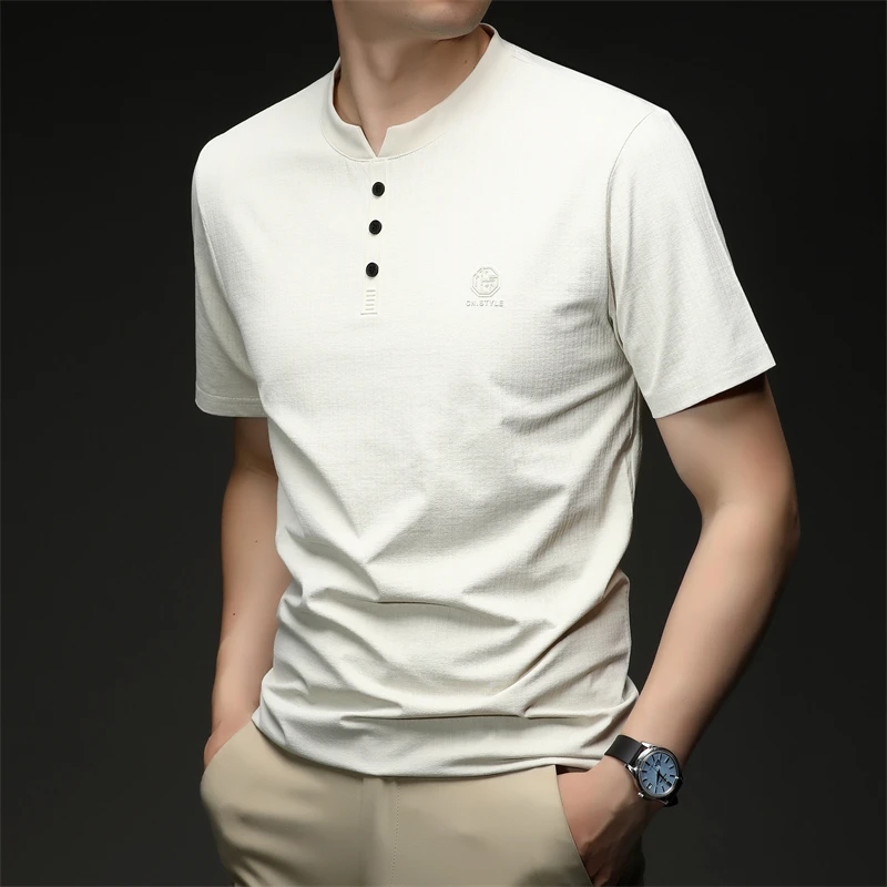 Mens Embroidered Logo Henley T Shirt Short Sleeve Slim Fit Casual Style Suitable For Daily Wear And Weekend Getaways