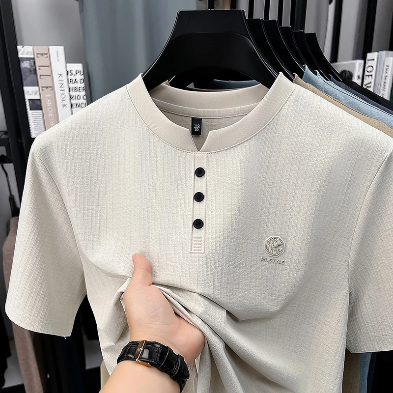 Mens Embroidered Logo Henley T Shirt Short Sleeve Slim Fit Casual Style Suitable For Daily Wear And Weekend Getaways