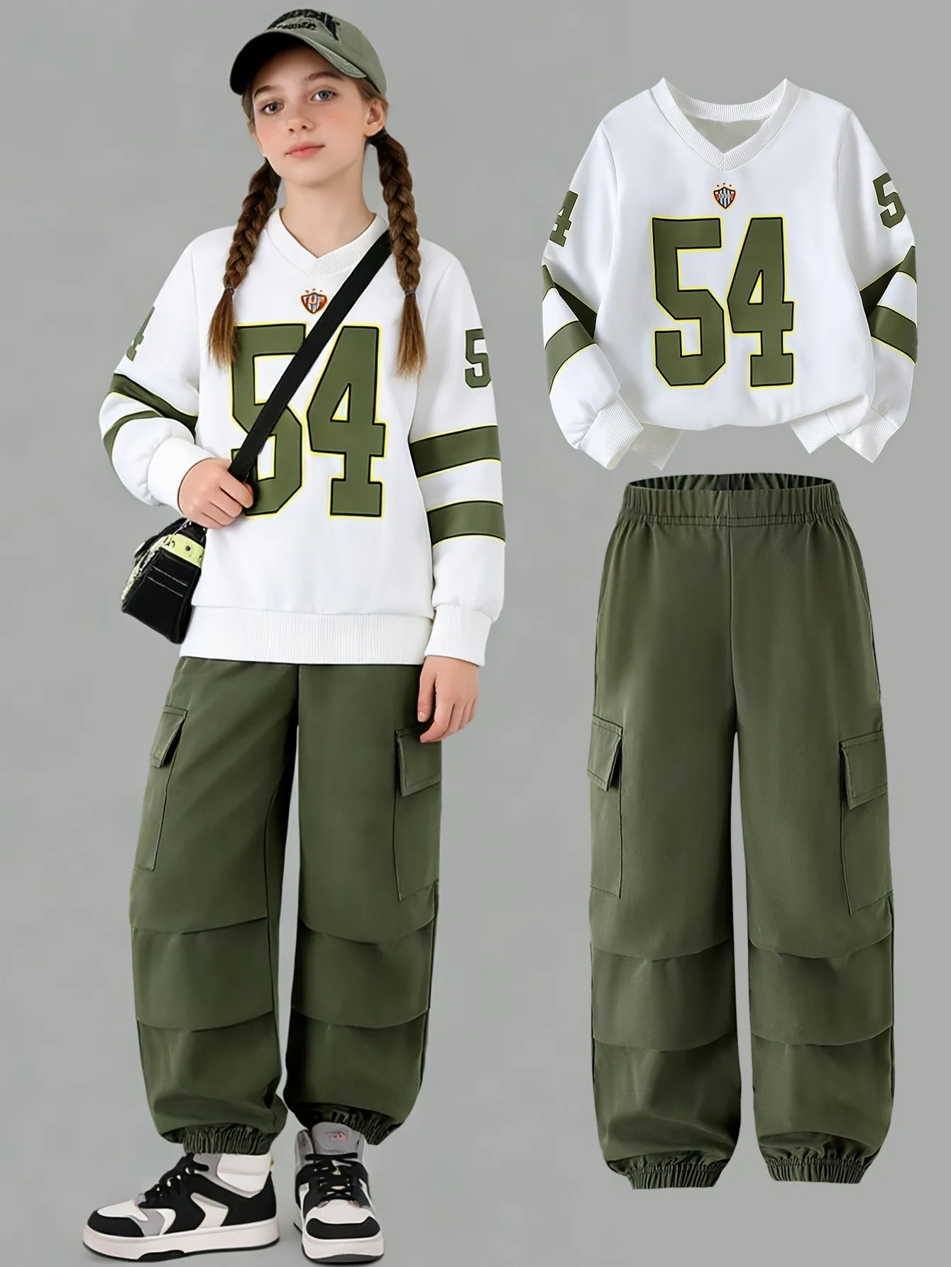 Comfy Kids Girls 2-Piece V-Neck Sweatshirt & Elastic Waist Cargo Jogger Pants Set Soft Breathable Daily School & Play Wear