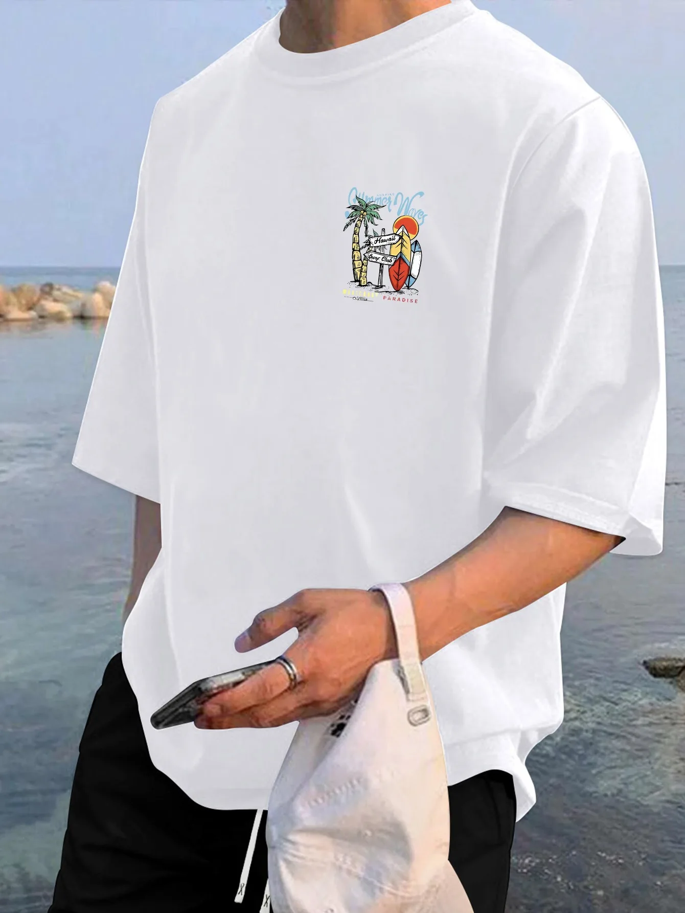 2026 Men's 100% Cotton Summer Waves Hawaii Surf Print T-Shirt White Short Sleeve Casual Tee For Beach & Surf Fans