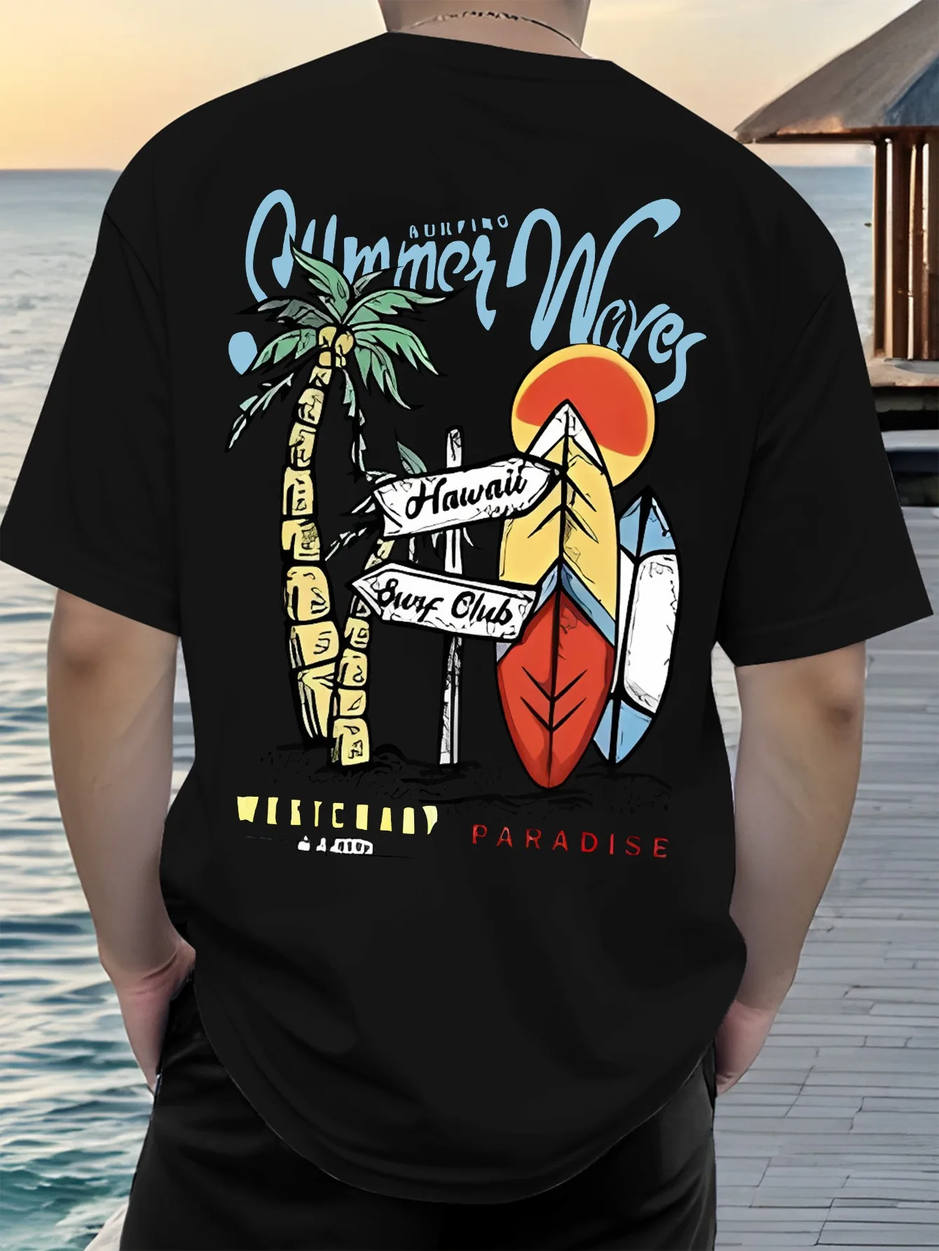 2026 Men's 100% Cotton Summer Waves Hawaii Surf Print T-Shirt White Short Sleeve Casual Tee For Beach & Surf Fans
