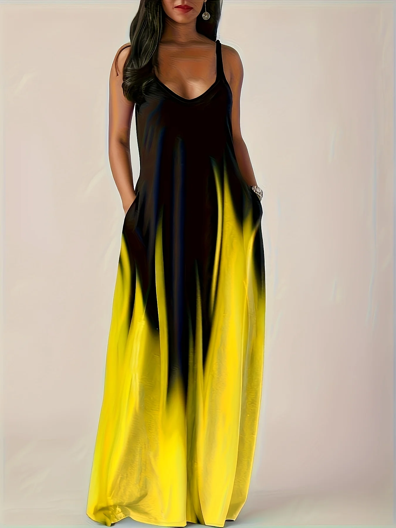 European and American style gradient halter maxi dress, V-neck sleeveless loose pocket resort dress
