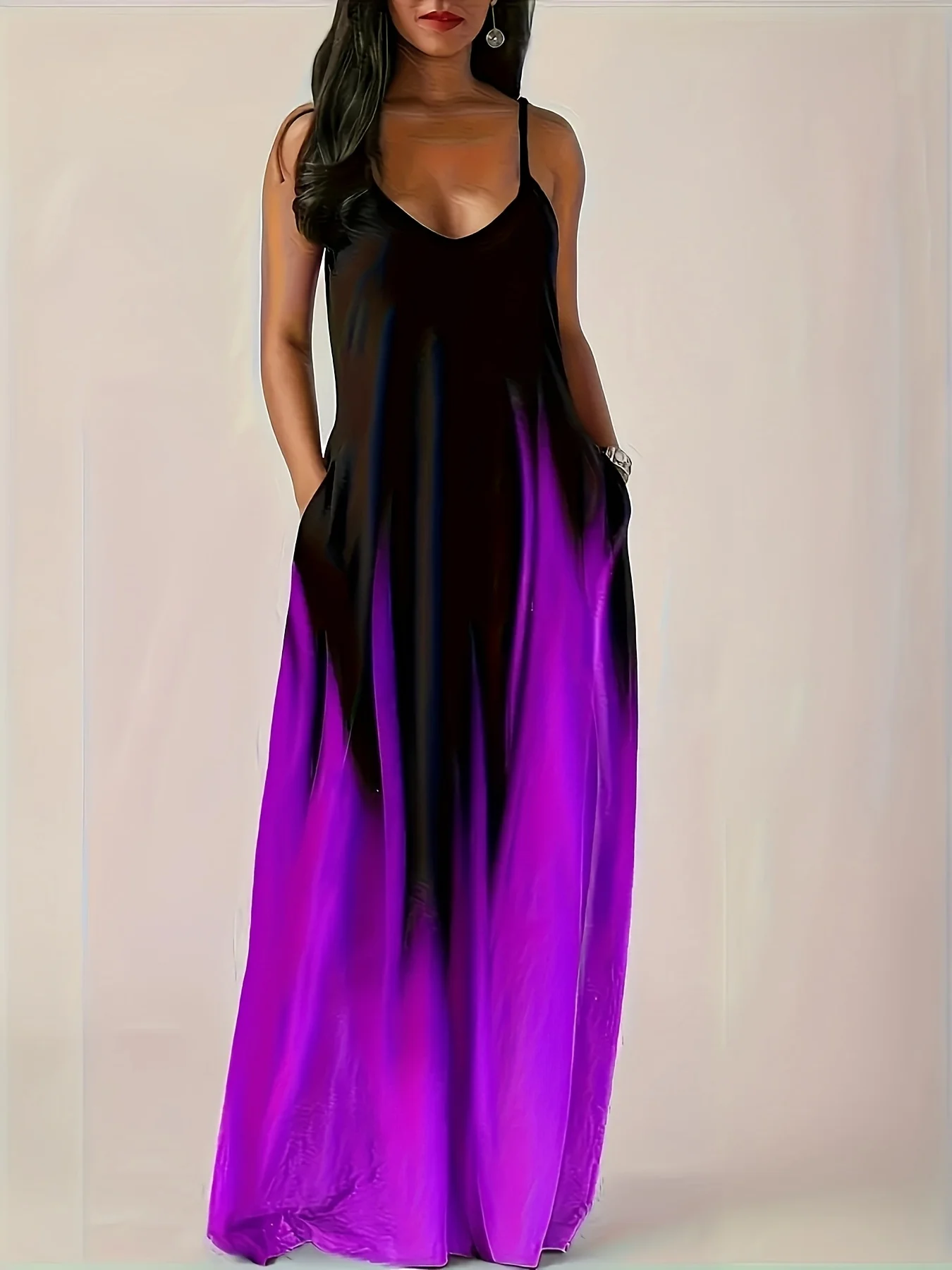 European and American style gradient halter maxi dress, V-neck sleeveless loose pocket resort dress