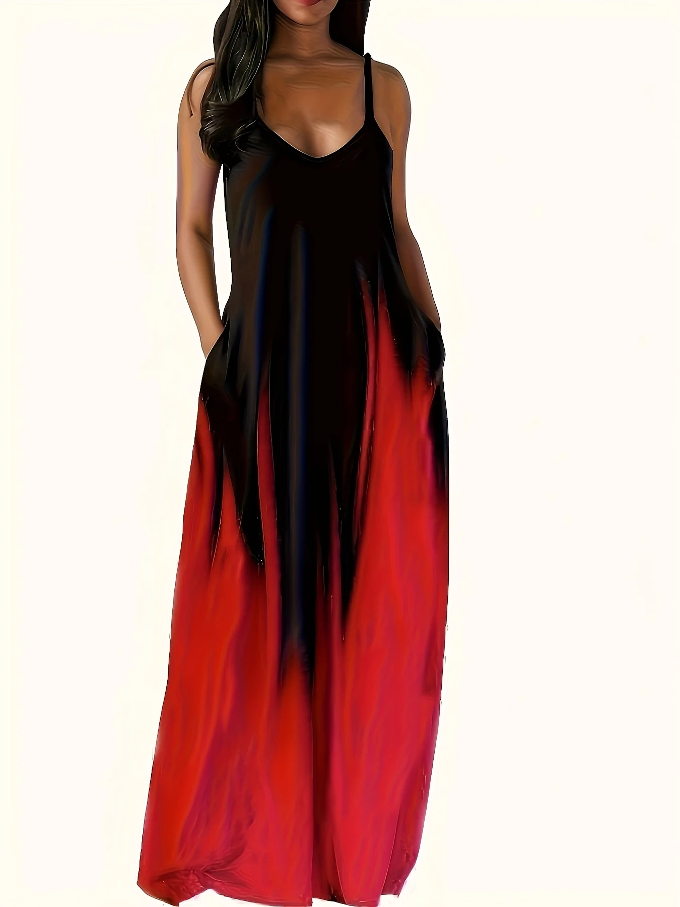 European and American style gradient halter maxi dress, V-neck sleeveless loose pocket resort dress