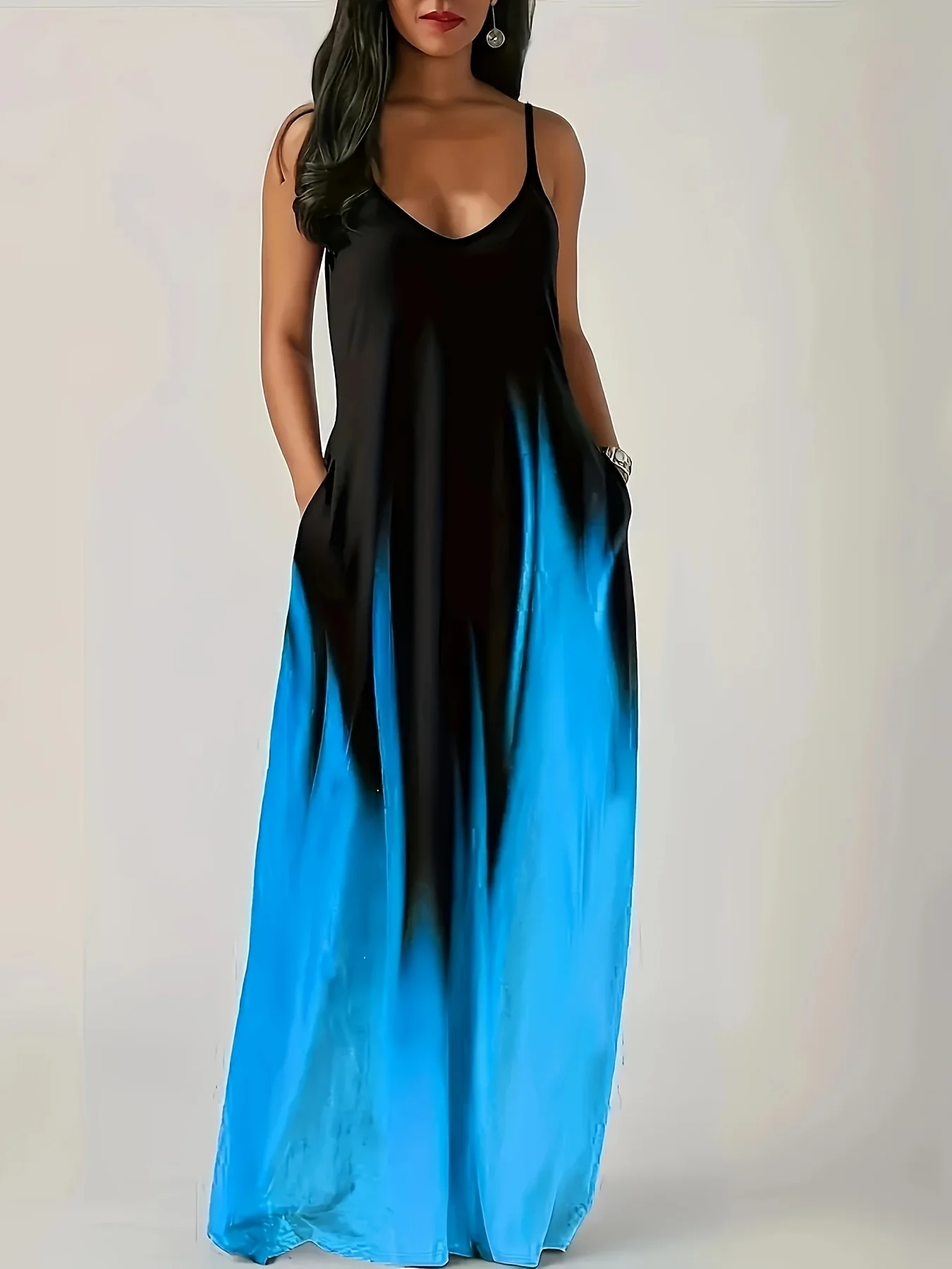 European and American style gradient halter maxi dress, V-neck sleeveless loose pocket resort dress