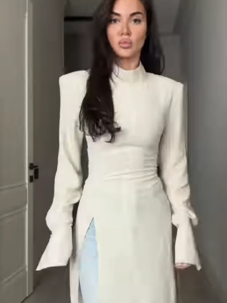 Women's Elegant High Neck Long Sleeve Maxi Dress With Side Slit Shoulder Pad Slim Fit Floor Length Tunic Top Versatile Clothing