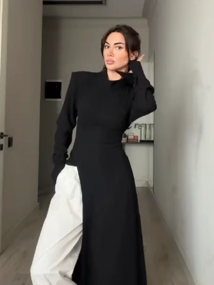 Women's Elegant High Neck Long Sleeve Maxi Dress With Side Slit Shoulder Pad Slim Fit Floor Length Tunic Top Versatile Clothing