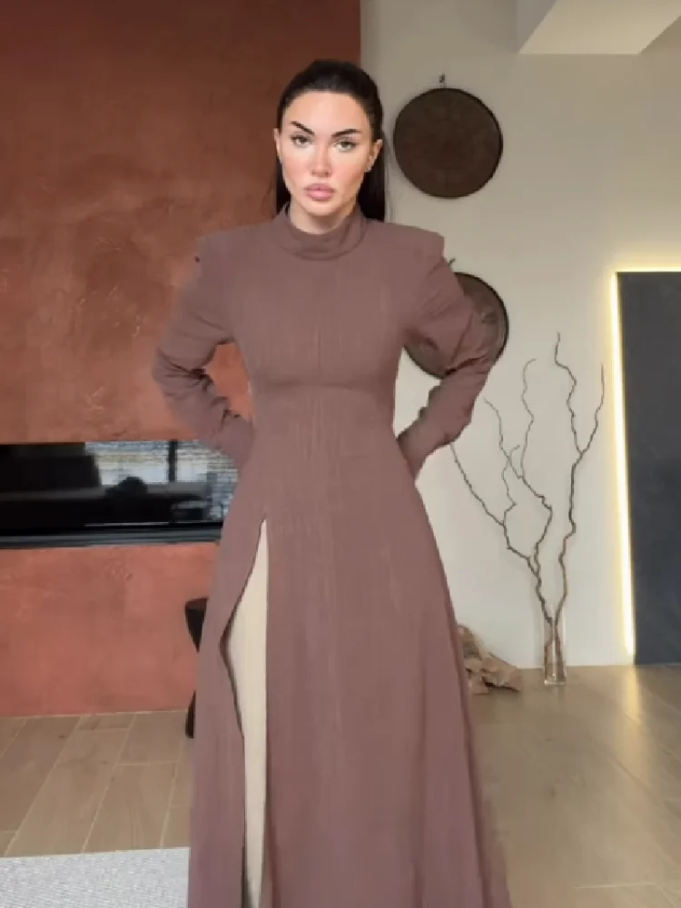 Women's Elegant High Neck Long Sleeve Maxi Dress With Side Slit Shoulder Pad Slim Fit Floor Length Tunic Top Versatile Clothing