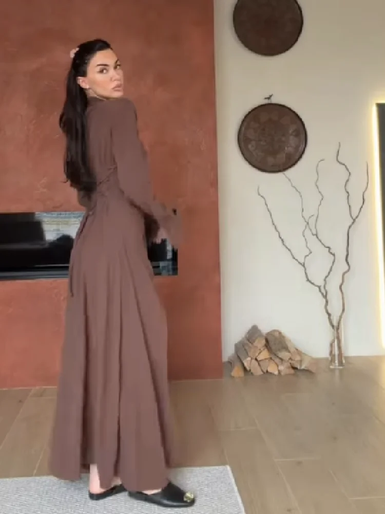 Women's Elegant High Neck Long Sleeve Maxi Dress With Side Slit Shoulder Pad Slim Fit Floor Length Tunic Top Versatile Clothing