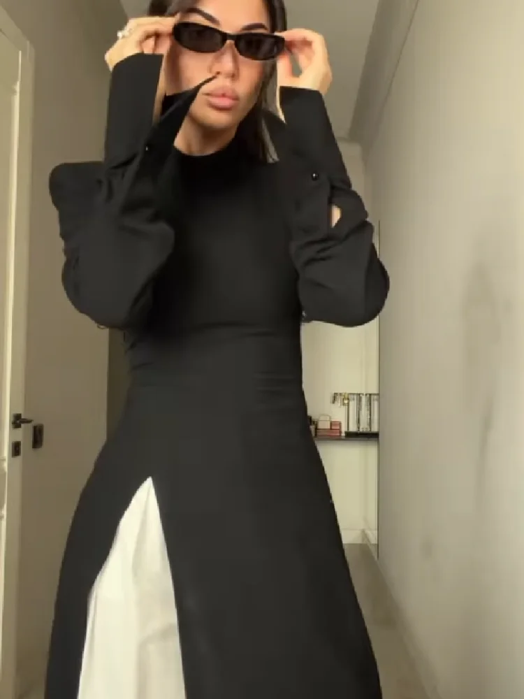 Women's Elegant High Neck Long Sleeve Maxi Dress With Side Slit Shoulder Pad Slim Fit Floor Length Tunic Top Versatile Clothing