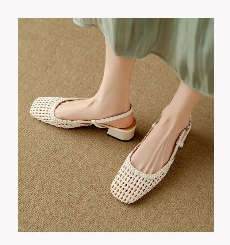 French Square-toed Woven High-heeled Sandals 2026 Summer New Skeletonized Fashionable Leather Fabric Mid-heel Women's Shoes