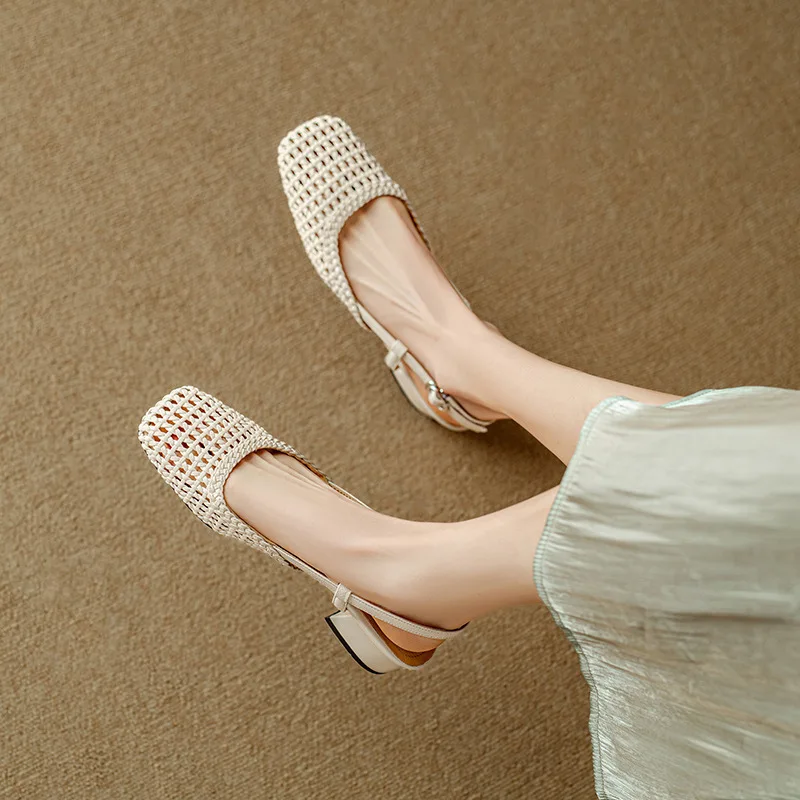 French Square-toed Woven High-heeled Sandals 2026 Summer New Skeletonized Fashionable Leather Fabric Mid-heel Women's Shoes