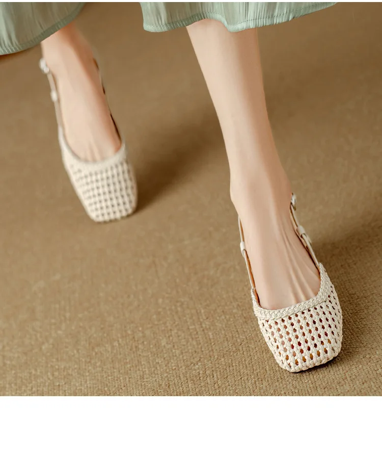 French Square-toed Woven High-heeled Sandals 2026 Summer New Skeletonized Fashionable Leather Fabric Mid-heel Women's Shoes