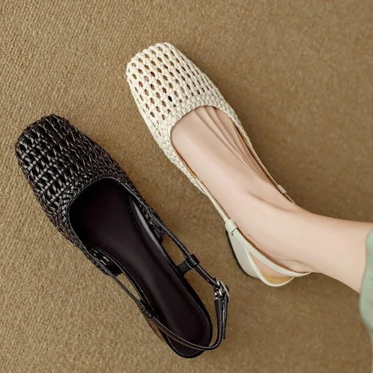 French Square-toed Woven High-heeled Sandals 2026 Summer New Skeletonized Fashionable Leather Fabric Mid-heel Women's Shoes