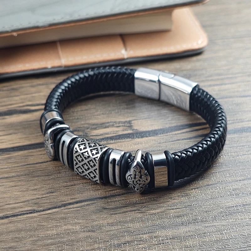 Men Stainless Steel Bracelet Braided Leather Wristband with Star Pattern & Cloud Beads Magnetic Clasp Punk Jewelry Gift Husband
