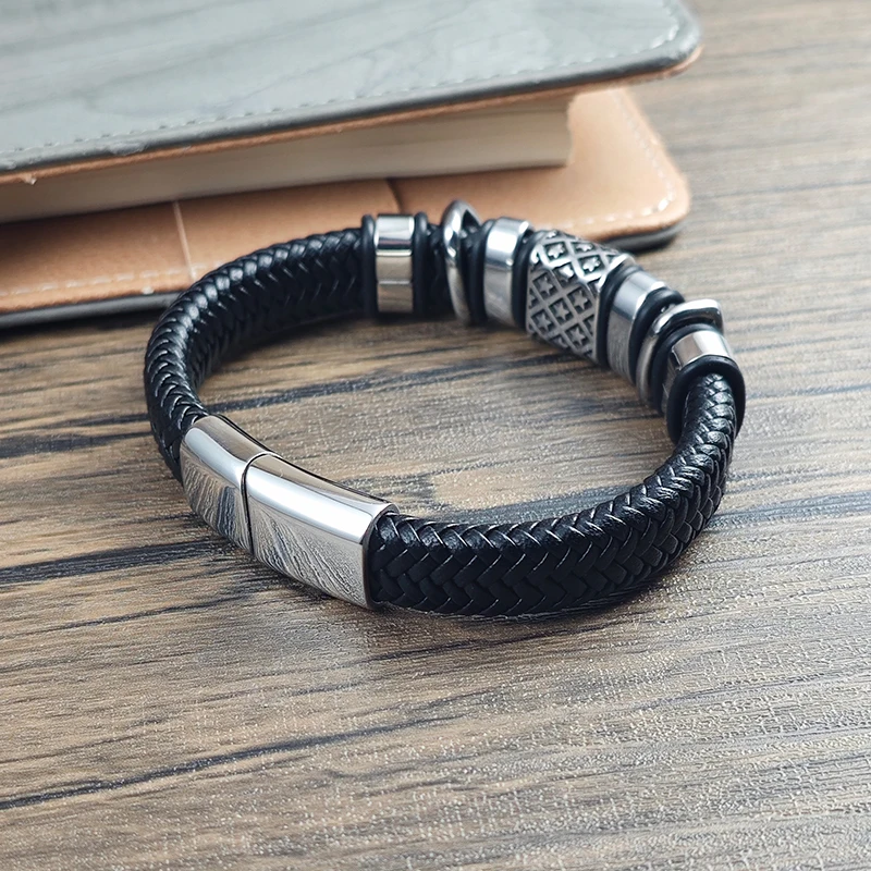 Men Stainless Steel Bracelet Braided Leather Wristband with Star Pattern & Cloud Beads Magnetic Clasp Punk Jewelry Gift Husband