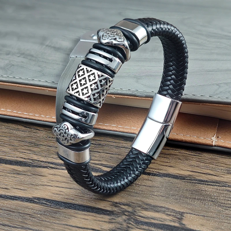 Men Stainless Steel Bracelet Braided Leather Wristband with Star Pattern & Cloud Beads Magnetic Clasp Punk Jewelry Gift Husband