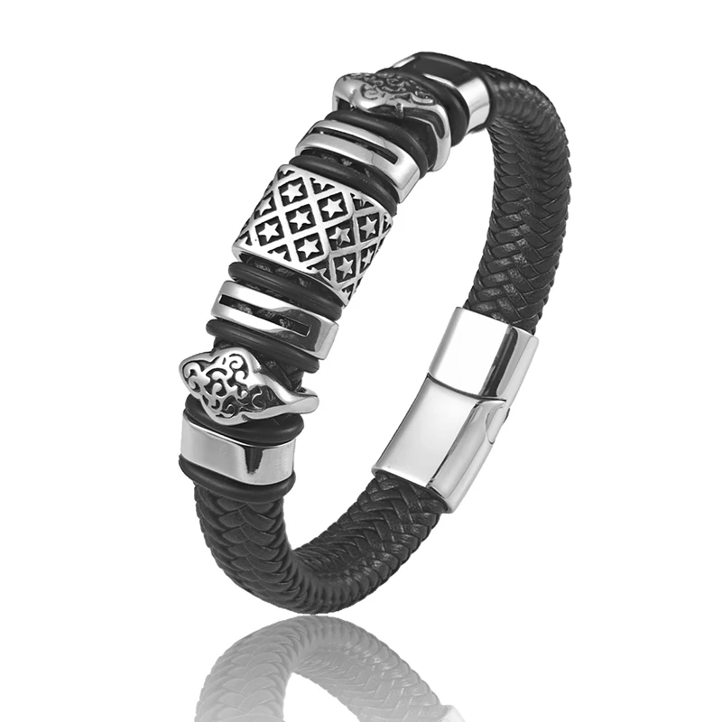 Men Stainless Steel Bracelet Braided Leather Wristband with Star Pattern & Cloud Beads Magnetic Clasp Punk Jewelry Gift Husband
