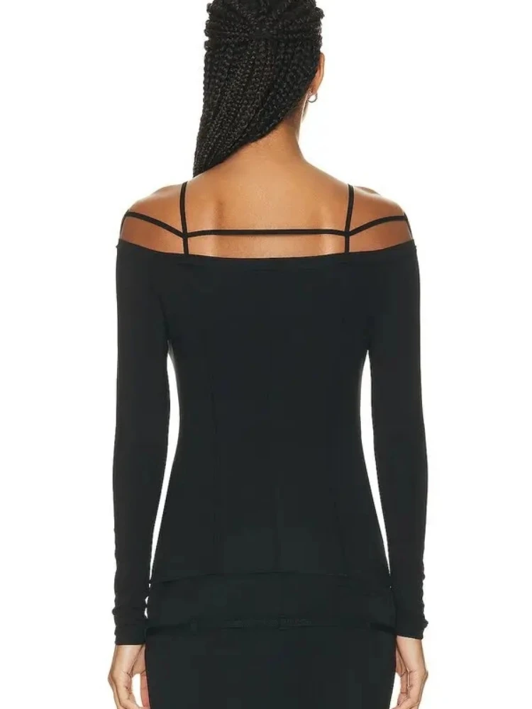 Ja Metal Tags Black Elastic Cotton Straps Off Shoulder Long Sleeves For Woman Top T-shirt Fashion Popular Ladies Clothes