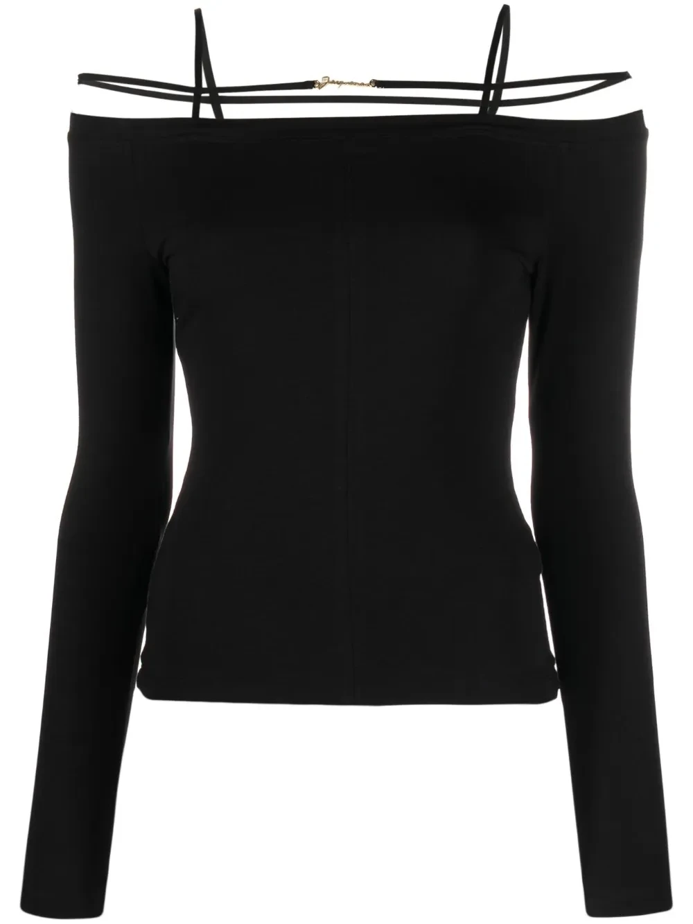 Ja Metal Tags Black Elastic Cotton Straps Off Shoulder Long Sleeves For Woman Top T-shirt Fashion Popular Ladies Clothes