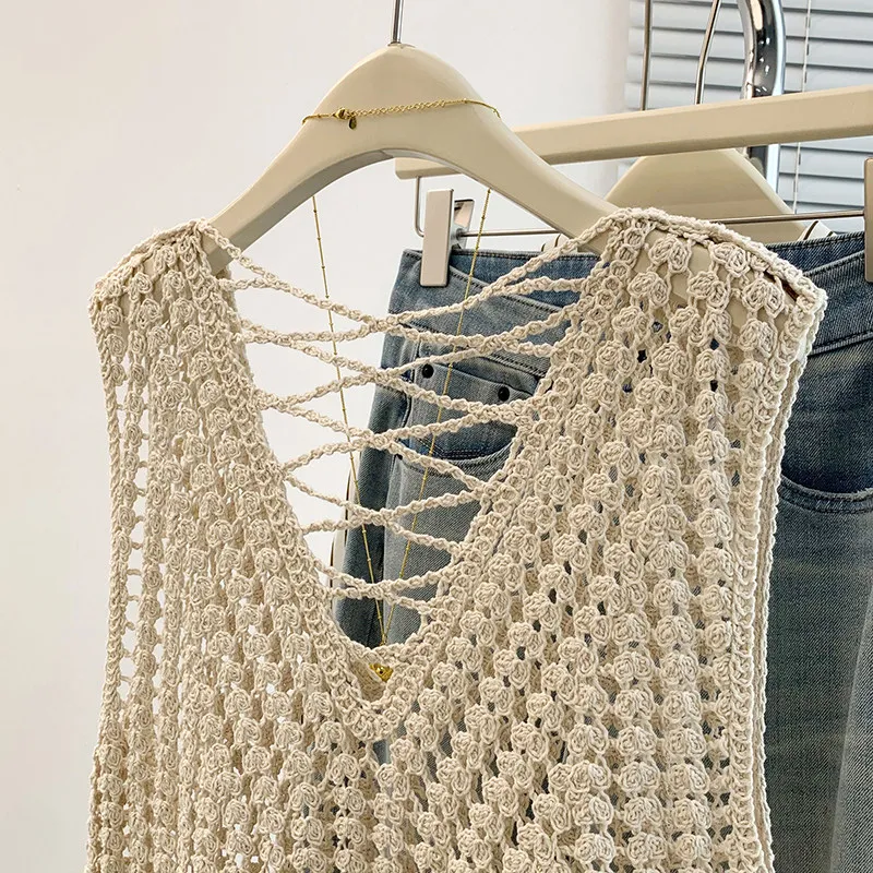 Sleeveless Knit Blouse for Women Open Stitch V-Neck Crochet Tunic Top Summer Beach Cover Up Boho Vacation Outfit