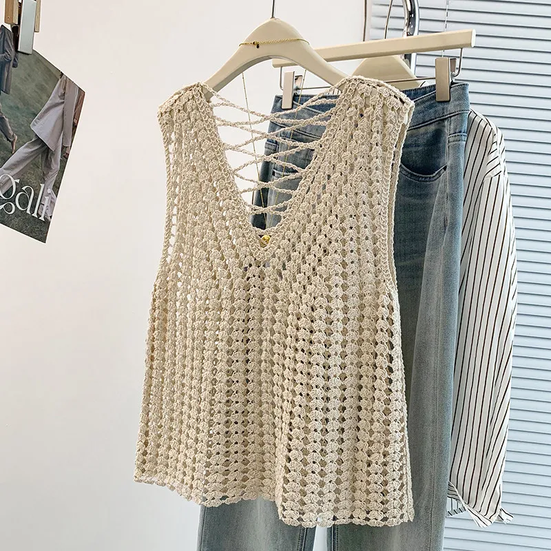 Sleeveless Knit Blouse for Women Open Stitch V-Neck Crochet Tunic Top Summer Beach Cover Up Boho Vacation Outfit