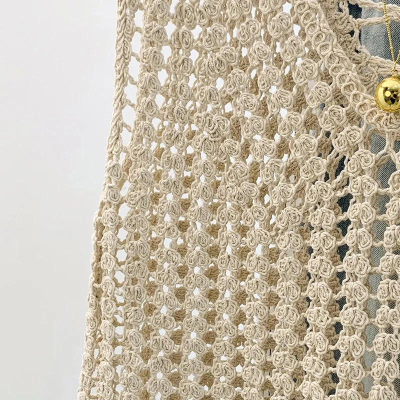 Sleeveless Knit Blouse for Women Open Stitch V-Neck Crochet Tunic Top Summer Beach Cover Up Boho Vacation Outfit