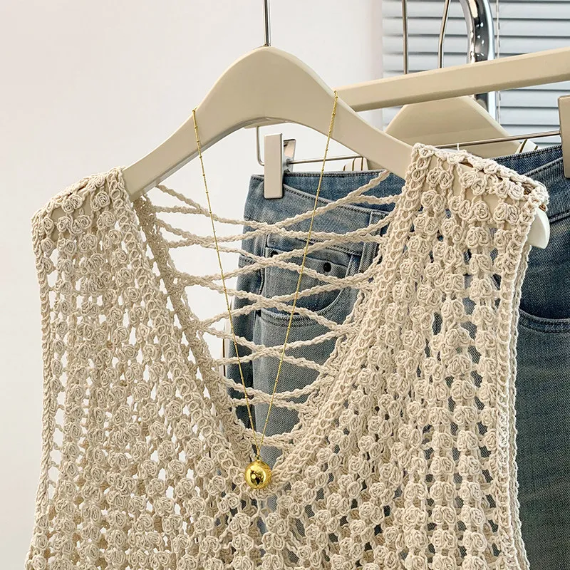 Sleeveless Knit Blouse for Women Open Stitch V-Neck Crochet Tunic Top Summer Beach Cover Up Boho Vacation Outfit