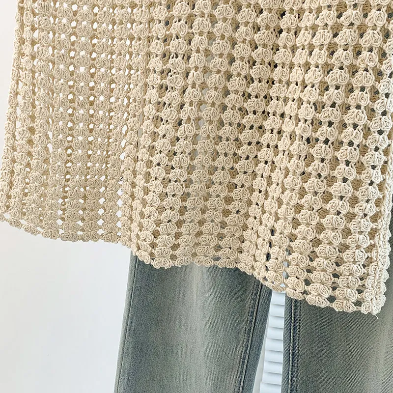 Sleeveless Knit Blouse for Women Open Stitch V-Neck Crochet Tunic Top Summer Beach Cover Up Boho Vacation Outfit