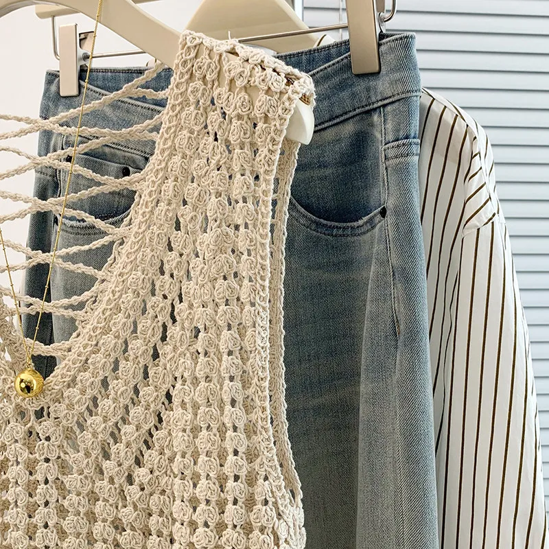Sleeveless Knit Blouse for Women Open Stitch V-Neck Crochet Tunic Top Summer Beach Cover Up Boho Vacation Outfit