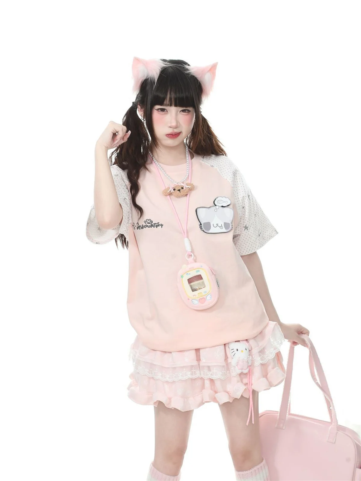 Cute Cat 100% Cotton Tshirts Japanese 2000s Style Kawaii Pink T-shirt Y2K Women Girls Summer Cute Tshirt Anime Oversize Top