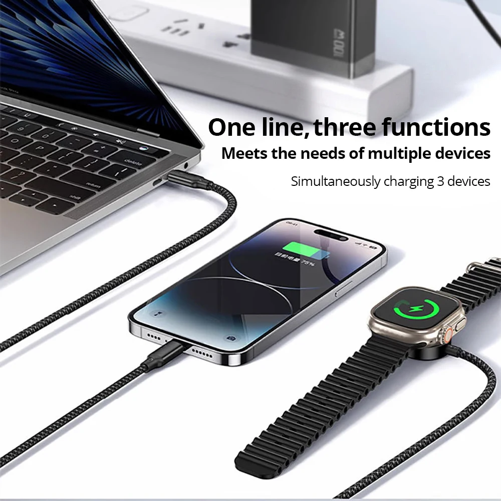 Bonola 3 in 2 USB Type C Cable for iPhone 17/16/15/14/13/12 Pro Charger Cable USB Type C Watch Charger Cable for Apple Watch