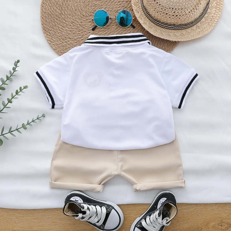 Summer Cartoon Bear Embroidered POLO Shirt And Shorts Set for Babies And Toddlers Boys Comfortable Breathable Cotton Outfit