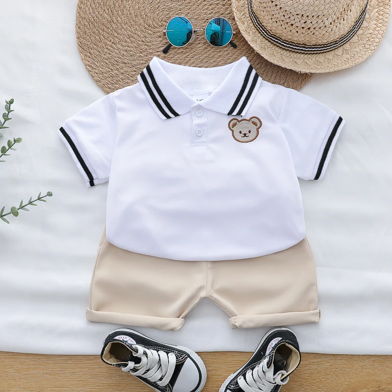 Summer Cartoon Bear Embroidered POLO Shirt And Shorts Set for Babies And Toddlers Boys Comfortable Breathable Cotton Outfit