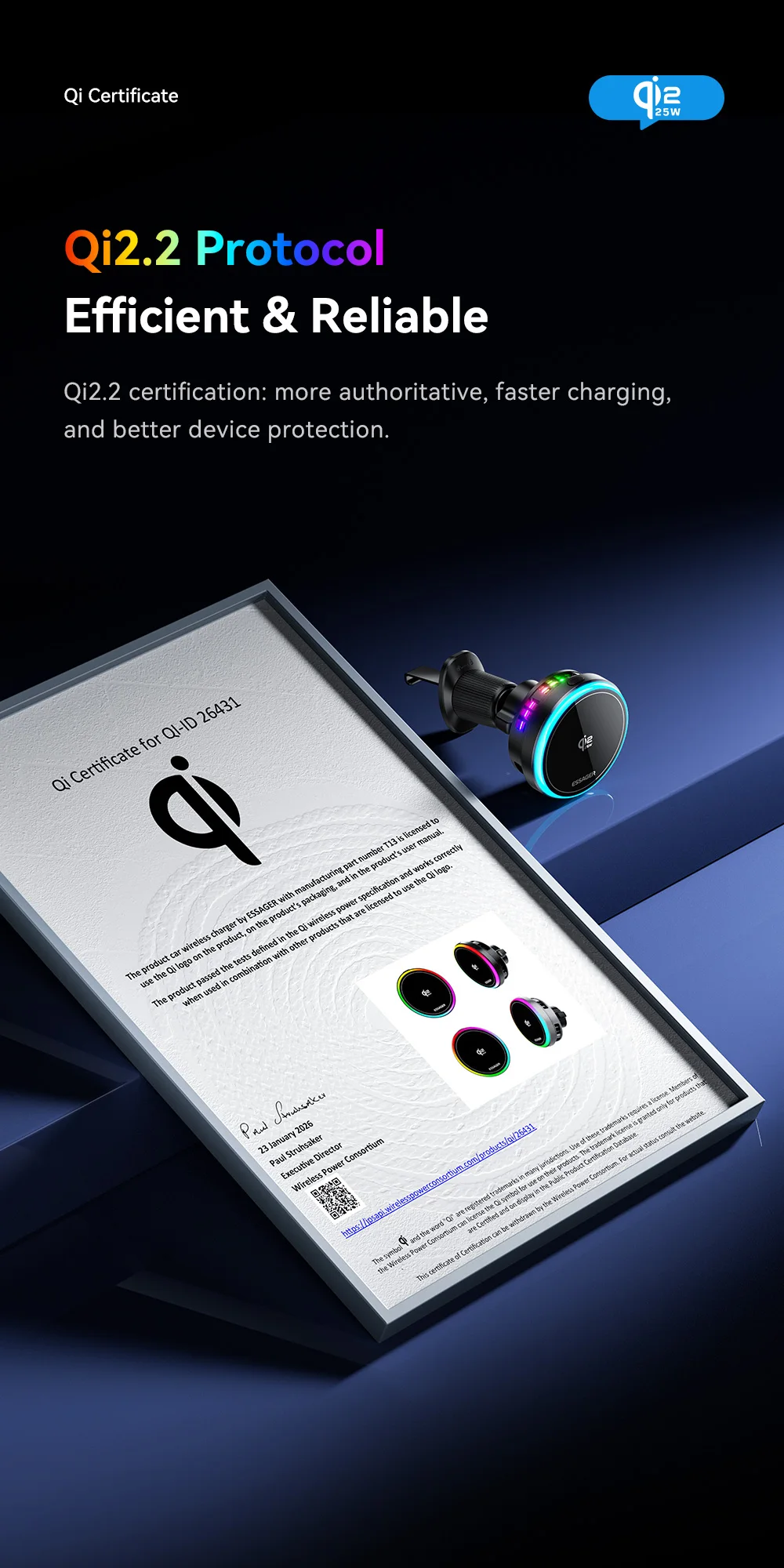 Essager 25W Magnetic Wireless Car Charger Qi 2.2 Fast Charging Station for iPhone 17 16 for Magsafe RGB Car Phone Holder Stand