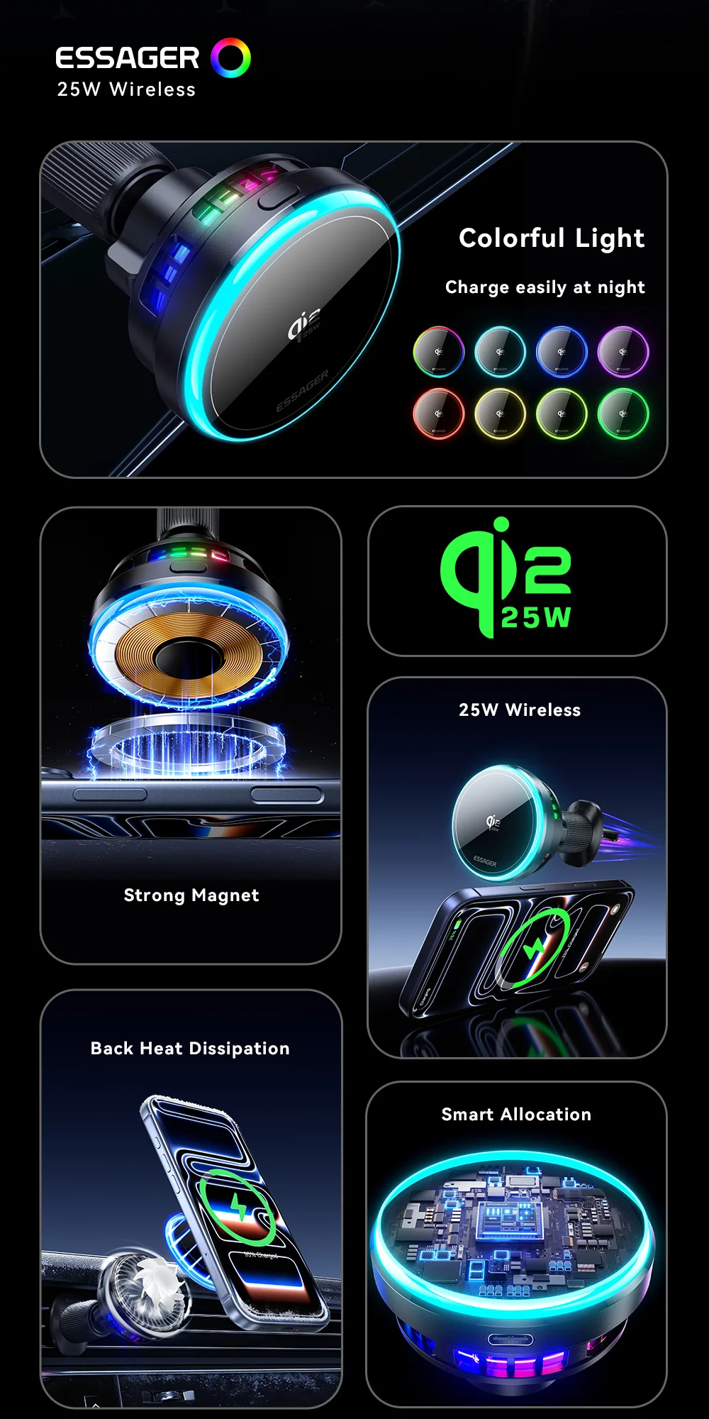 Essager 25W Magnetic Wireless Car Charger Qi 2.2 Fast Charging Station for iPhone 17 16 for Magsafe RGB Car Phone Holder Stand